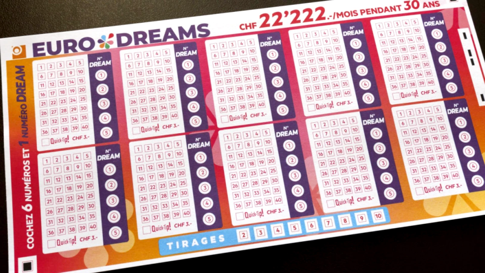 Eurodreams : pas de combinaison gagnante jeudi, 22'222 francs en jeu