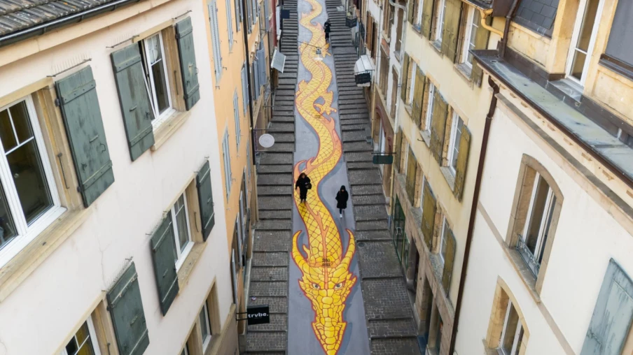 Neuchâtel : fresque dragon de John Howe serpente rue des Chavannes